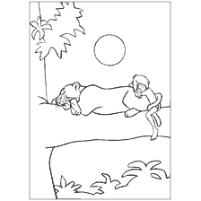 pagina da colorare: Mowgli e Bagheera riposano su un ramo d'albero, circondato dalla giungla.