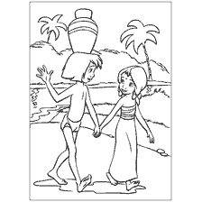 pagina da colorare: Mowgli e una ragazza camminano lungo il fiume