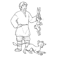coloring page: Illustration from the fairy tale of Balda, where he holds a rabbit and stands next to a devil.