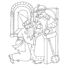 coloring page: A scene from Pushkin's fairy tale: Stargazer gives the Golden Cockerel to King Dadon