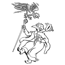 coloring page: A scene from Pushkin's fairy tale where a cockerel pecks at the king.