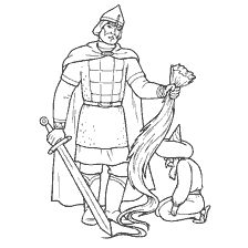 coloring page: Ruslan and Chernomor in a scene from the fairy tale of Pushkin