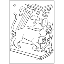 pagina da colorare: Disegno di Bagheera e Mowgli sullo sfondo delle rovine.