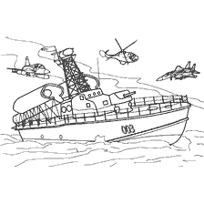 kolorowanka: Łódź rakietowa z samolotami i helikopterami na niebie