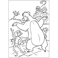 pagina da colorare: Un bambino balla con un orso Balu e un pappagallo sullo sfondo della giungla.
