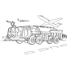 coloring page: Aerodrome fire truck AA-60 against the background of taking off aircraft.