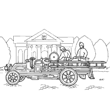 coloring page: Drawing of an old fire truck from 1904 with firefighters.
