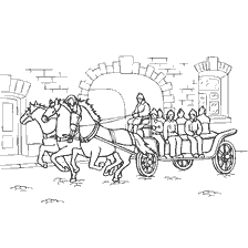 coloring page: Coloring horse-drawn carriage with passengers in the style of the XIX century