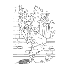 pagina da colorare: Illustrazione alla fiaba di Charles Perrault: una principessa che le ha punito il dito su un mandrino, con uno sfondo nella forma di una parete di pietra e una figura scura di un velo.