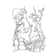 pagina da colorare: Prince che si rivolge a una principessa addormentata con i fiori intorno