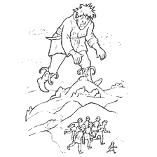 pagina da colorare: Illustrazione dalla fiaba di Charles Perrault Il ragazzo con un dito, dove un gigante sta sopra un ragazzo e i suoi fratelli.