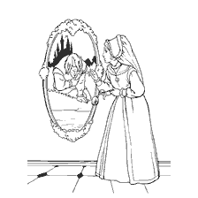 pagina da colorare: Una scena della fiaba La Bestia, dove la bellezza guarda allo specchio del mostro.