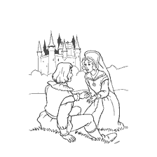 pagina da colorare: Illustrazione dalla fiaba di Bellezza e la Bestia: una giovane coppia sullo sfondo del castello