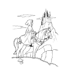 pagina da colorare: Illustrazione dalla fiaba Bellezza e la Bestia, raffigurante una ragazza su un cavallo che si dirige verso il castello.