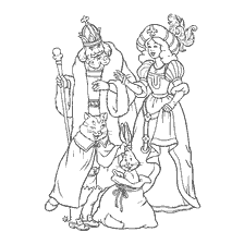 pagina da colorare: Illustrazione della fiaba di Charles Perrault con il re, la regina e gli animali parlanti.