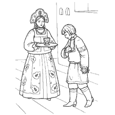 pagina da colorare: Zar-ragazza con vassoio e giovane uomo in vestiti