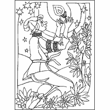 pagina da colorare: Immagine colorante di Ivan dalla fiaba Humpbacked Horse, tenendo un oggetto lucido sotto le stelle.