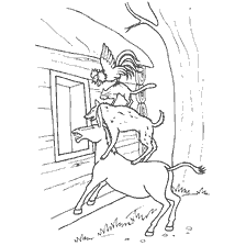 pagina da colorare: Immagine con animali sulla vernice: un asino con un cane e un gallo