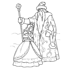 pagina da colorare: Illustrazione dalla fiaba dei Fratelli Grimm: la Regina e il vecchio con uno staff