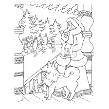 coloring page: Princess with a dog on the background of rich brothers