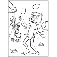 pagina da colorare: Mowgli coccola la frutta di fronte ai bambini