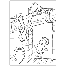 pagina da colorare: Disegnando dal libro di colorazione del libro della giungla, in cui Mowgli siede su un tronco, e il bambino lo guarda.