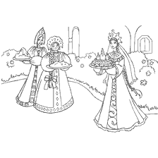 kleurplaat: Illustratie uit het kleurboek Sprookjesrijk Prinses Kikker met personages die traktaties dragen