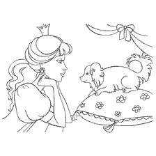 kleurplaat: Prinses ziet puppy op kussen