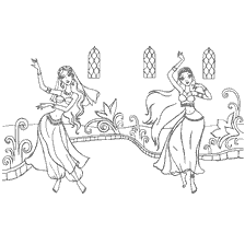 kleurplaat: Twee dansers in oosterse outfits die een dans opvoeren tegen de achtergrond van elementen van een fantastisch koninkrijk.