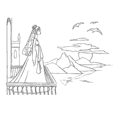 kleurplaat: Een tekening van een prinses op een balkon met uitzicht op de zonsondergang en de bergen