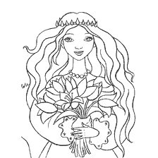kleurplaat: Kleurende prinses met een boeket bloemen