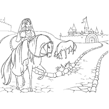 kleurplaat: Een prachtig kleurenboek. De weg naar het kasteel met de prinses op paard en weide.