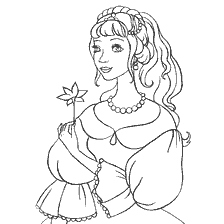 kleurplaat: Een tekening van een prinses met een bloem in haar handen om te kleuren
