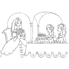 kleurplaat: Tekening voor kleuren - Sprookjesrijk, verjaardag met prinsessen en taart