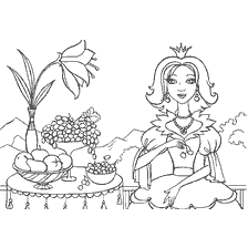 kleurplaat: Kleuren met de prinses bij het ontbijt met fruit en bloemen