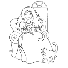 kleurplaat: Prinses met twee katten kleuren