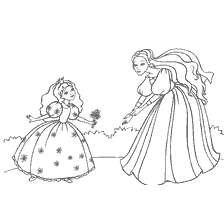 kleurplaat: Een tekening van een kleine prinses en haar moeder in een sprookjesrijk