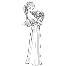 kleurplaat: Tekening van Barbie met een boeket rozen