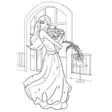 kleurplaat: Barbie met bloemen in het achtergrondvenster