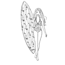 kleurplaat: Barbie met een surf op het strand