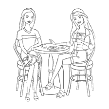 kleurplaat: Twee Barbies zitten aan een ronde tafel in een café, genieten van drankjes en snoepjes.