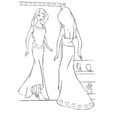 kleurplaat: Barbie kijkt naar zichzelf in de spiegel, kiezen schoenen