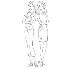 kleurplaat: Kleurplaat van twee Barbie meisjes in stijlvolle kleding
