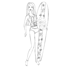 kleurplaat: Barbie surfen op het strand