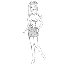 kleurplaat: Barbie in een gesloten badpak en pareo wandelingen op het strand.