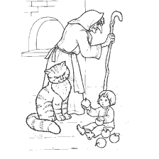 pagina da colorare: Illustrazione dal libro di colorazione racconti popolari russi che mostrano Baba Yaga con un gatto e un bambino.