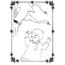 pagina da colorare: Un ragazzo con le mani in alto e un cigno che vola sopra di lui