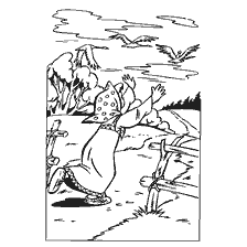 pagina da colorare: Illustrazione al racconto popolare russo di Gusi-swan, dove Ivanushka cerca di afferrare portato via oche.