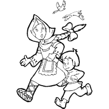 pagina da colorare: Un dipinto con i bambini che scappano e gli uccelli nel cielo