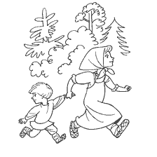 pagina da colorare: Ragazza conduce ragazzo nella foresta ispirato da racconti popolari russi